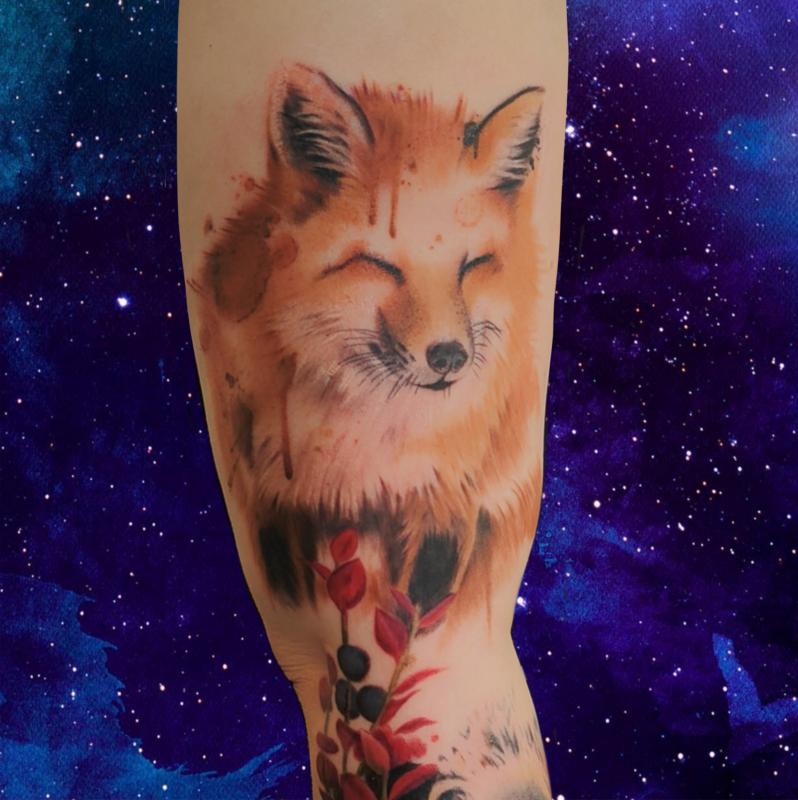 Scarlet Nuoskanen, "Red Fox", ink tattooed onto skin, 20 x 15cm, 2025. 