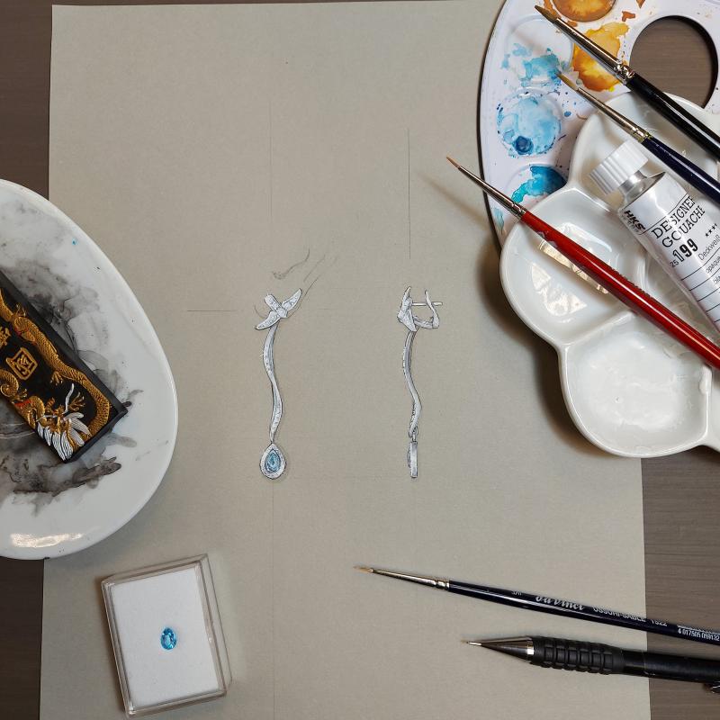 Eva Sandström, "Falken örhängen", Gouache illustration av örhängen med blå topas och diamanter, 2024