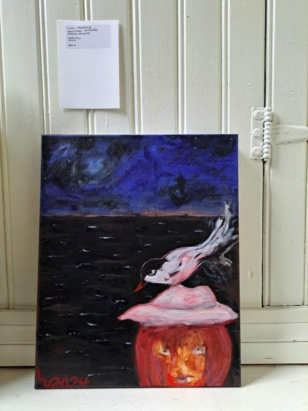 Tiira laskeutuu, akryyli, 2024, 41x33