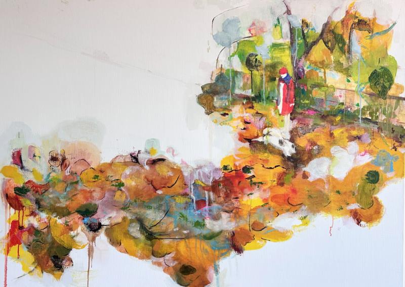 Walking The Dog 2024   Mixed media on canvas 100 x 150 cm
