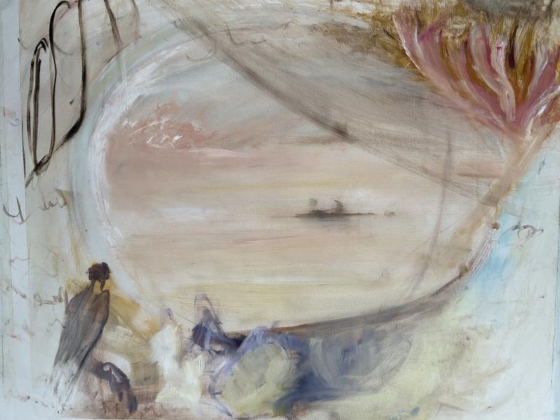 Maata näkyvissä, 70cm x 78cm, tempera ja öljyväri kankaalle, 2025
