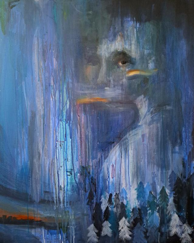 Gaku Okata, Sininen Katse, Öljy ja akryyli kankaalle, 81x100cm, 2026