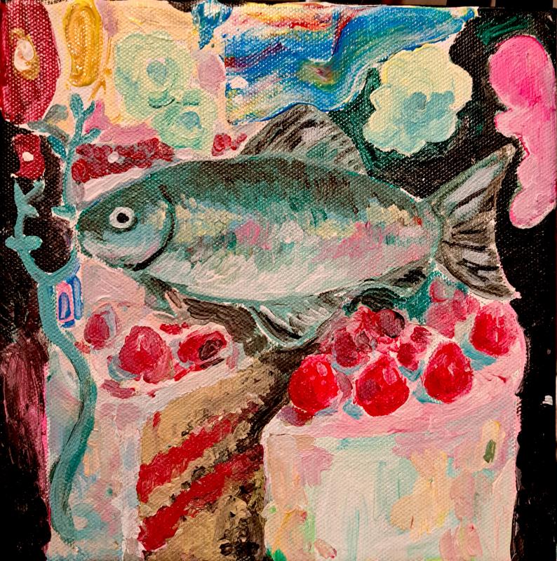 Gaku Okata, Näkevätkö kalat unta mansikkakakusta, akryyli kankaalle, 20x20cm, 2025