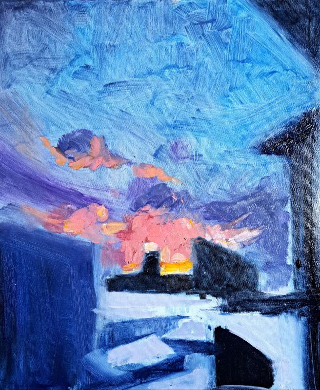 Gaku Okata, AM08:56 15.11.2025 Meri Toppila, öljy ja akryyli kankaalle, 38x46cm, 2026