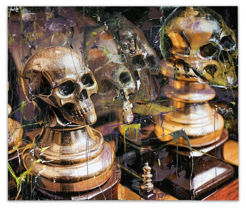 Alex Markwith, "A Meditation on Strategy, Mortality and Illusion", acyrylic, graphite and digital prints on canvas, 100x120cm, 2025