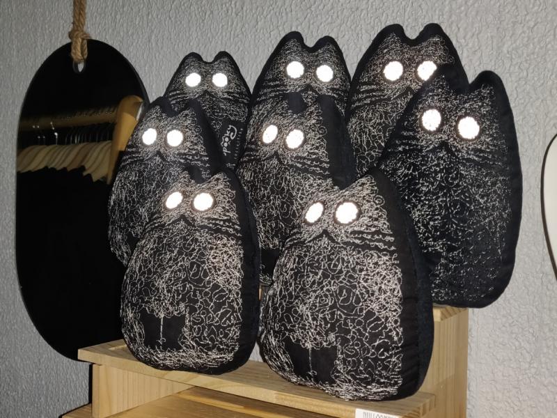 Embroidered pillows with reflective eyes 