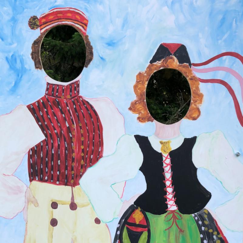 Tintamaresk "Folkdräkter".  "Kansallispukuja" tintamareski. "National costumes" tintamarresque. Mirka Laine-Pietilä, gouache, 185X150 cm, 2025.