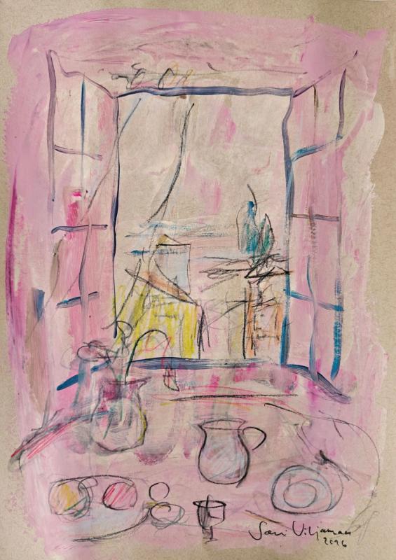 Sari Viljamaa, Vaaleanpunainen huone, 2026, grafiitti, akryyli väripaperille, 20x30 cm