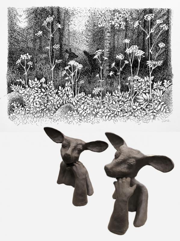Kauriskaverit. Piirros 35 x 50 cm, 2024, ja veistos kivitavarasavesta, korkeus noin 34 cm, 2025. Outi Korhonen 
