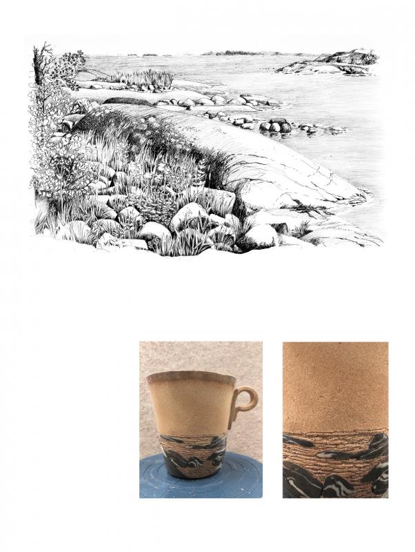 Tussipiirros Kopparnäsistä, 35 x 50 cm ja  Kallioille varjojen tatuointi -muki  viiden mukin sarjasta, joka pohjautuu Jaime Sabinesin runoon. Mukin korkeus 9,5 cm. eriväriset savet, levytekniikka ja sovellettu nerikomi. Outi Korhonen 2025