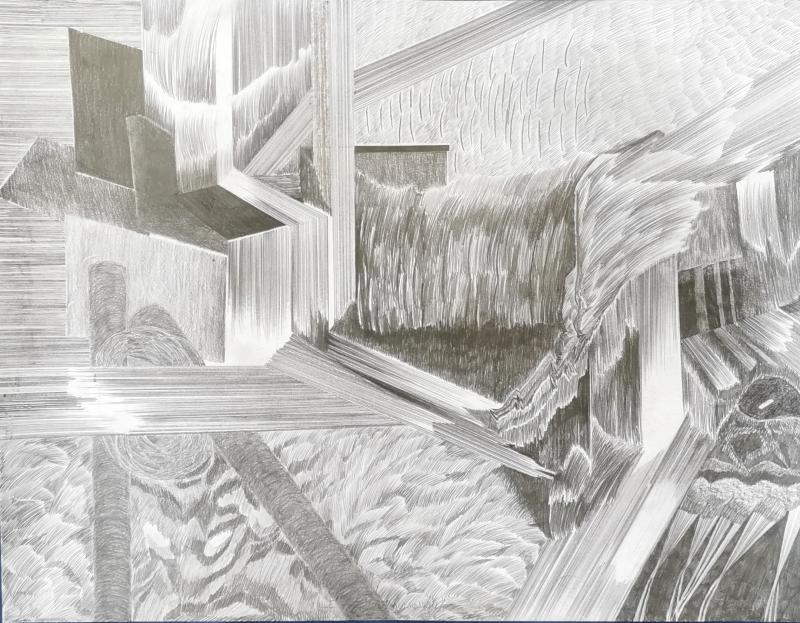 Ville Mäkikoskela, Sarjasta Parkano-Purkamo, 2025, grafiitti paperille, 50 x 65 cm, kehystettynä 61 x 76 cn