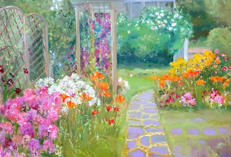 "Siirtolapuutarha", öljyvärimaalaus kankaalle 2023