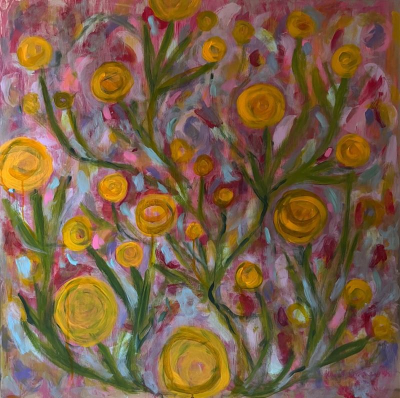 Hanna Rissanen, Joenvarren kultaa, akryyli alumiinille, 100 x 100cm, 2025