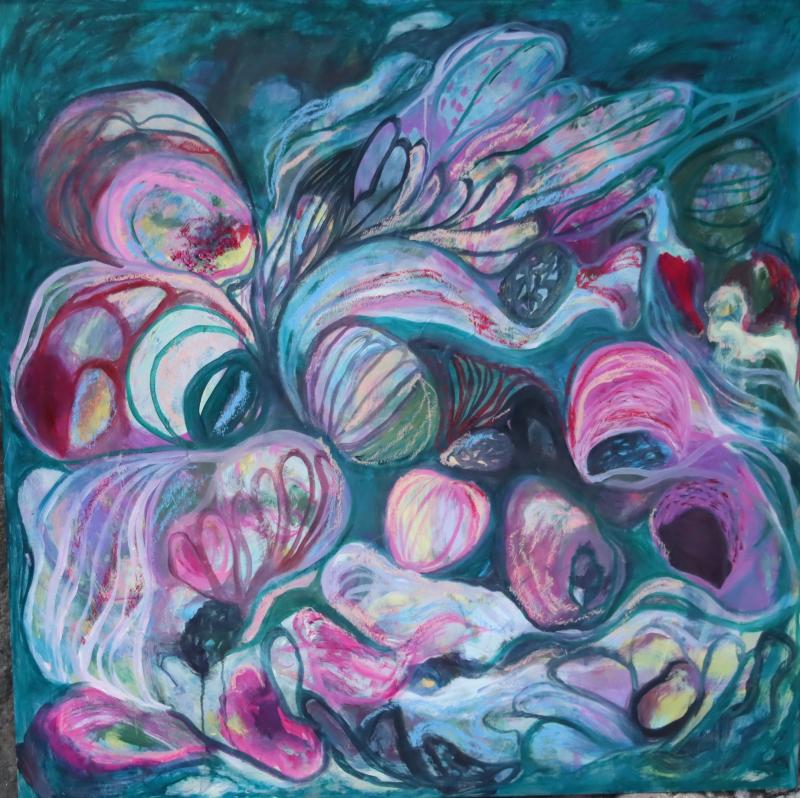 Hanna Rissanen, Merenkuninkaan alkusoitto, 100 x 100 cm, öljyväri ja öljypastelli alumiinille, 2026