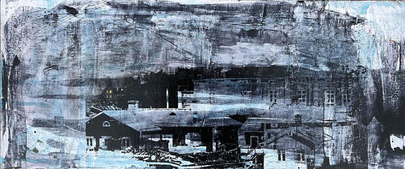 Pimeyksien laidalla, 2024, akryyli ja serigrafia levylle, 16x40cm