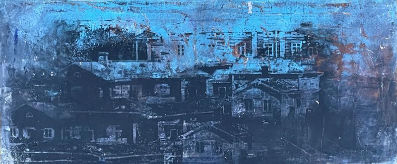 Saman taivaan alla, 2024, akryyli ja serigrafia levylle, 16x40cm