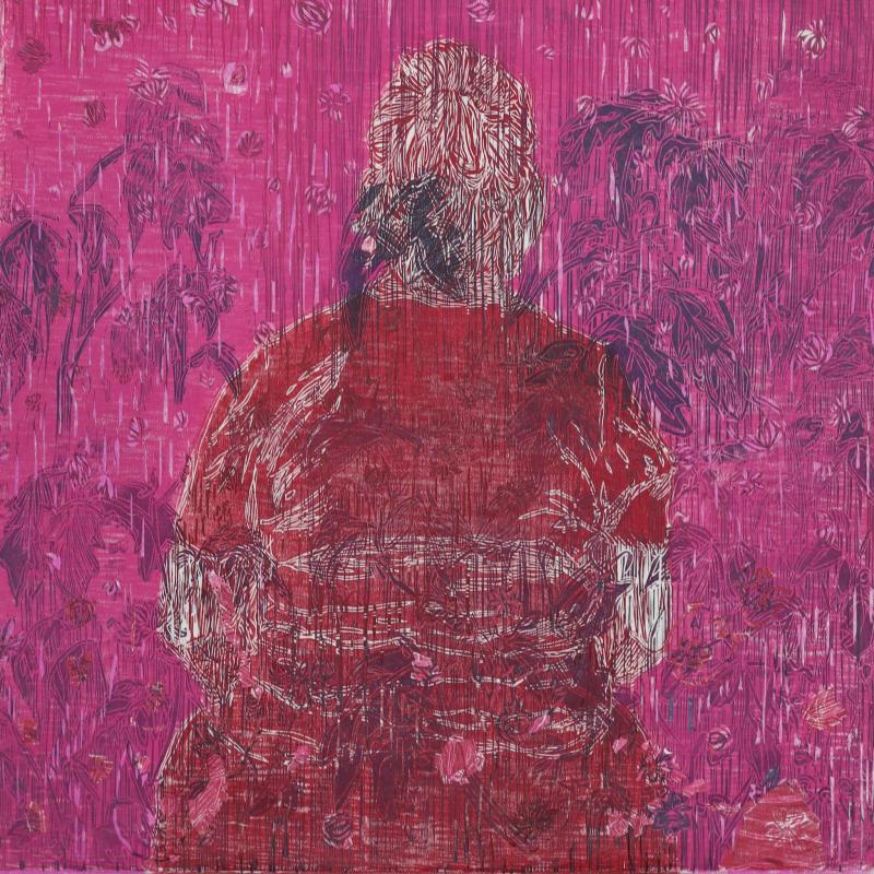 Laura Ukkonen, Ryhti (tomaatit), puupiirros, paperileikkaus, 76 x 76 cm, 2025.