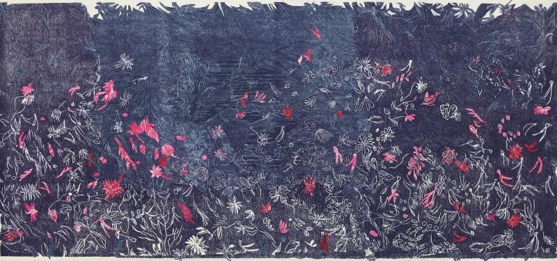 Laura Ukkonen, Tuuli, puupiirros, paperileikkaus, kollaasi 60 x 115 cm, 2024.