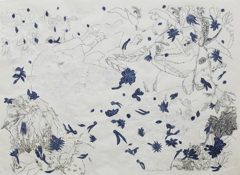 Laura Ukkonen, Suoja, puupiirros, muste paperille, paperileikkaus, kollaasi 50 x 60 cm, 2024.