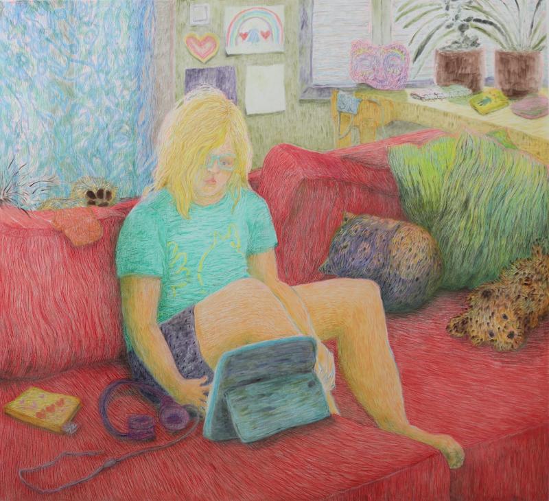 Laura Ukkonen, Sateenkaaren tällä puolen, kuivapastelli paperille, 140 x 150 cm, 2023.