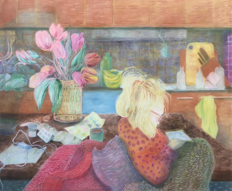 Laura Ukkonen, Sinistä valoa, kuivapastelli paperille, 130 x 140 cm, 2023.