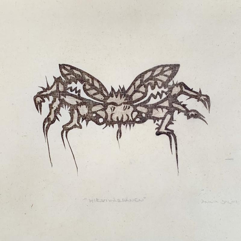 Anna Salmi, Hirvikärpänen, öljyväripuupiirros, 29 x 23 cm, 2025