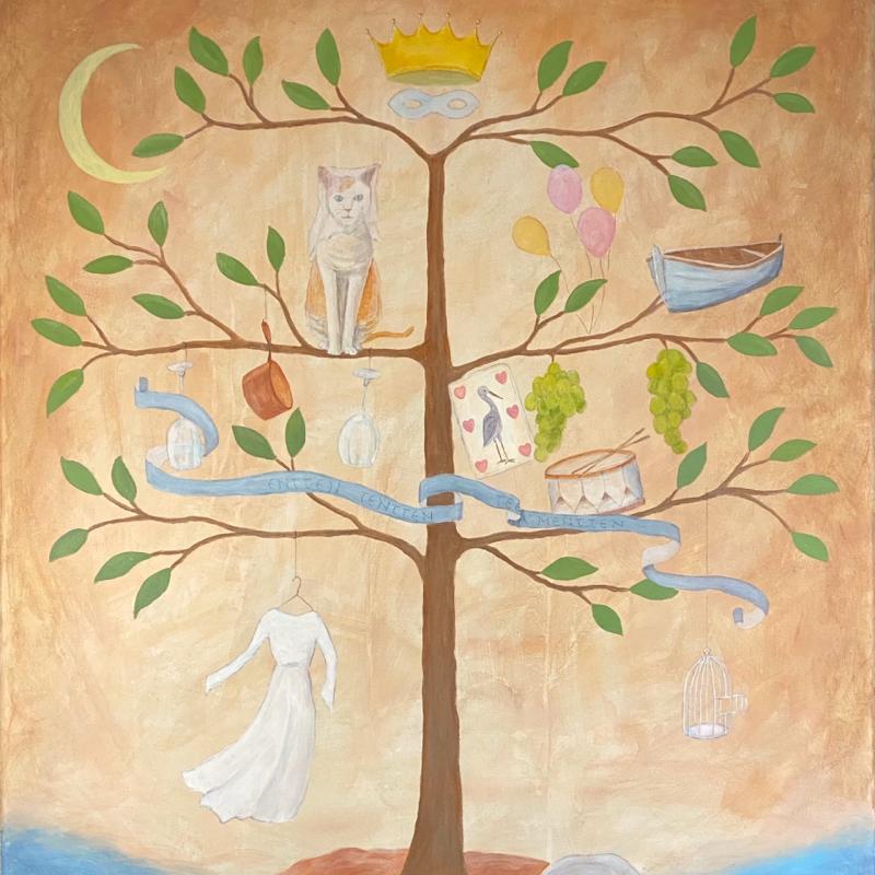 Meri Kukkavaara ”Alitajunnan ja mysteerien puu” akryyli kankaalle 80x120cm 2025