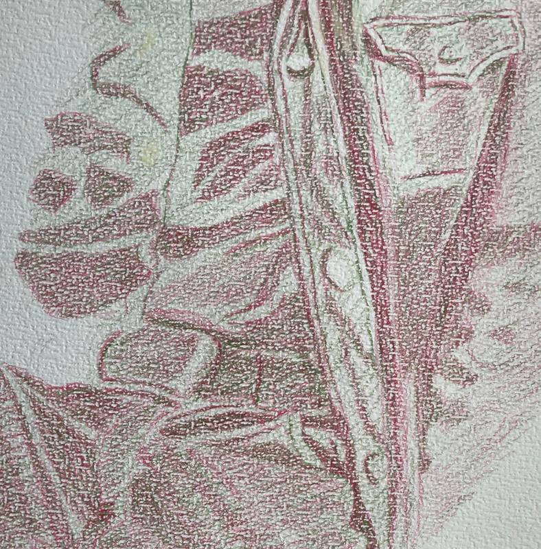 Mies nahkassa (detalj), 2025, puuvärikynät paperille, n 30 cm x 25 cm