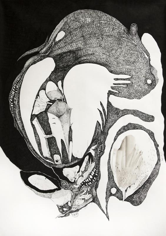 Heidi Suikkanen, nimetön, tussi, lyijykynä ja vesiväri paperille, 100 x 70 cm, 2024