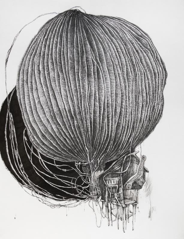 Heidi Suikkanen, Pompom, tussi ja lyijykynä paperille, 65 x 50 cm, 2024