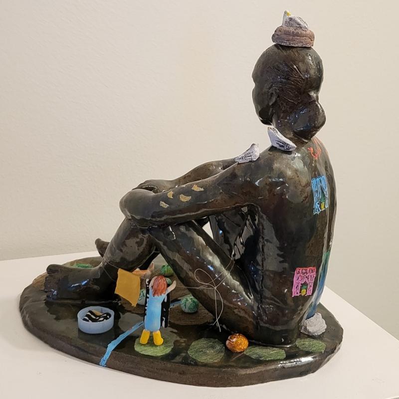 Maria Teplykh, Deconstruction of Human Ego, ceramics, polymer clay, paint markets, recycled textile and plastic, 27x 30x22 cm, 2024-2025