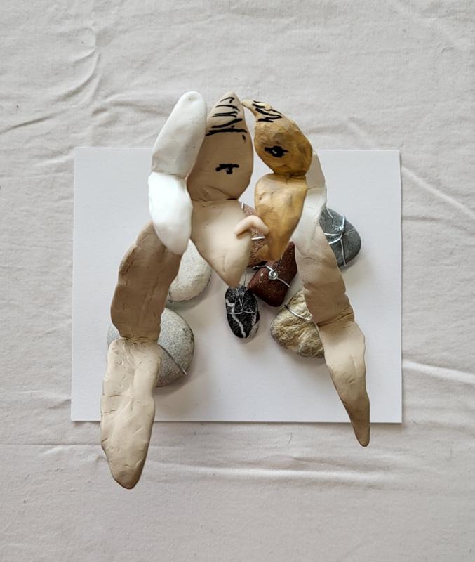Maria Teplykh, Depressed, modelling clay, wire, rocks, acrylic paints, paint marker, 19x19x19 cm, 2025