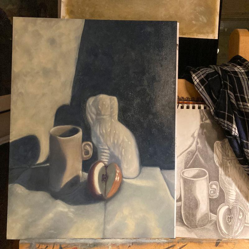 Sanna Isabell, Sten sax påse. Stilleben, olja på canvaspapper; 2023; 30 x 40 cm