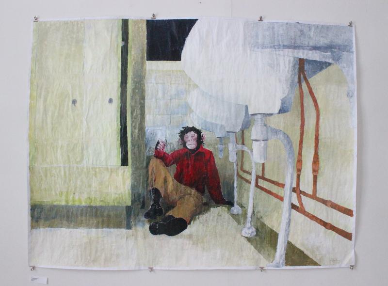 Teos on akryylimaalaus paperille.
Toinen teos, sarjasta Toi, mist o apinat?