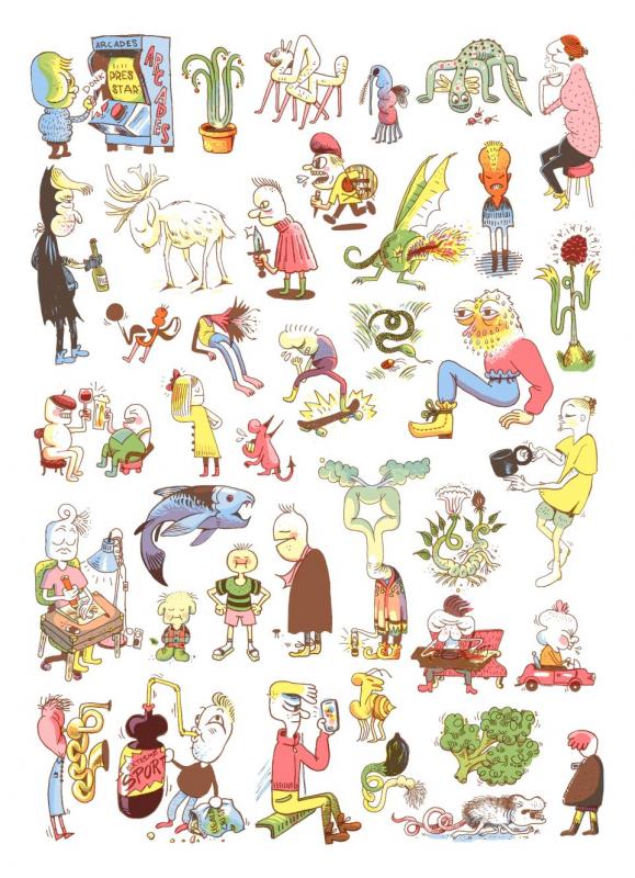 Affisch med allehanda krumelurer och fula gubbar