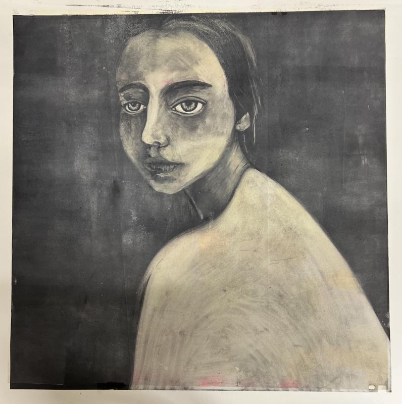 Heidi Savilakso-Saatsi, Under the blanket, Uv-hohtava monotypia, 60x60cm, 2025 