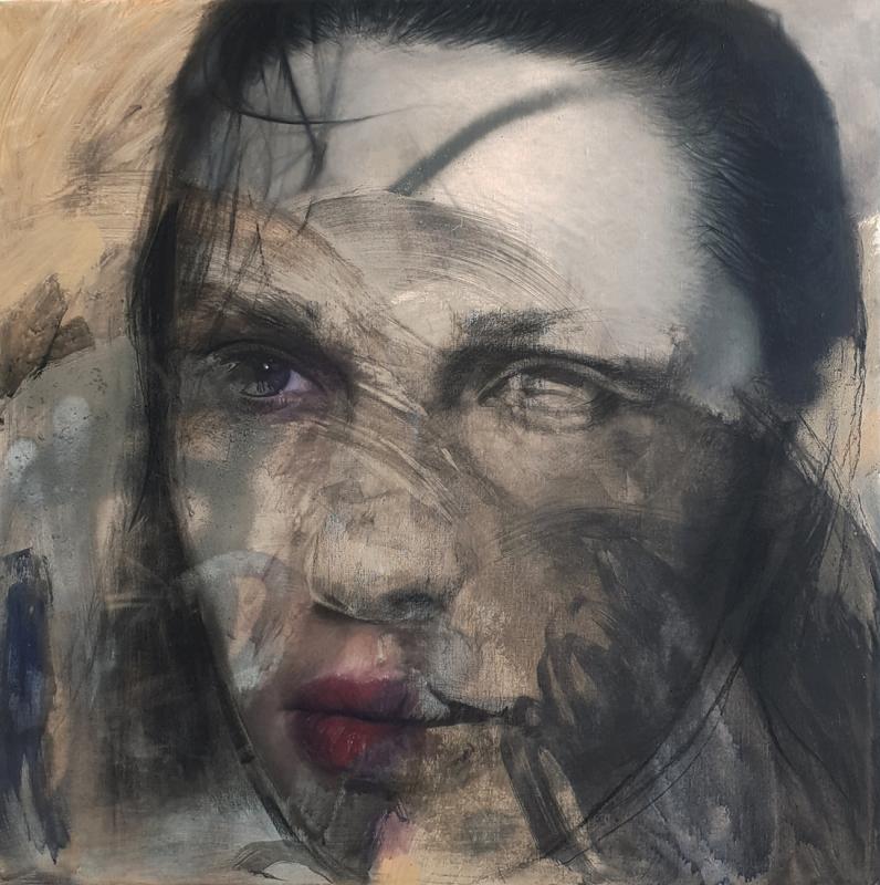 Liitola Maria, Reconstruct, Akryyli öljy hiili ja spray kankaalle, 100 x 100, 2023