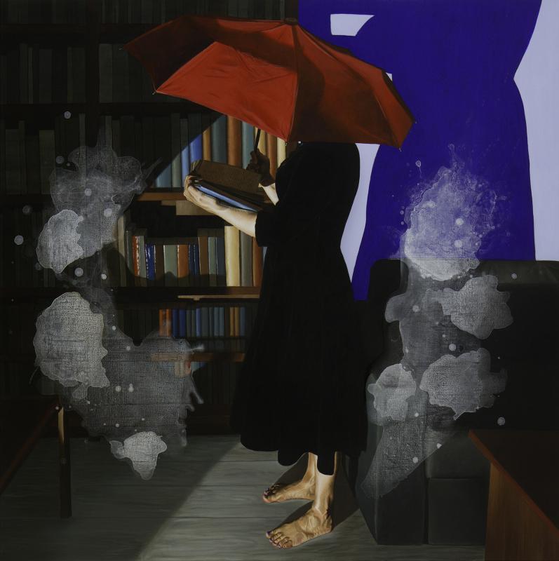 Anna Aho "Forbidden books must be read secretly", akryyli kankaalle, 100cm x 100cm, 2025