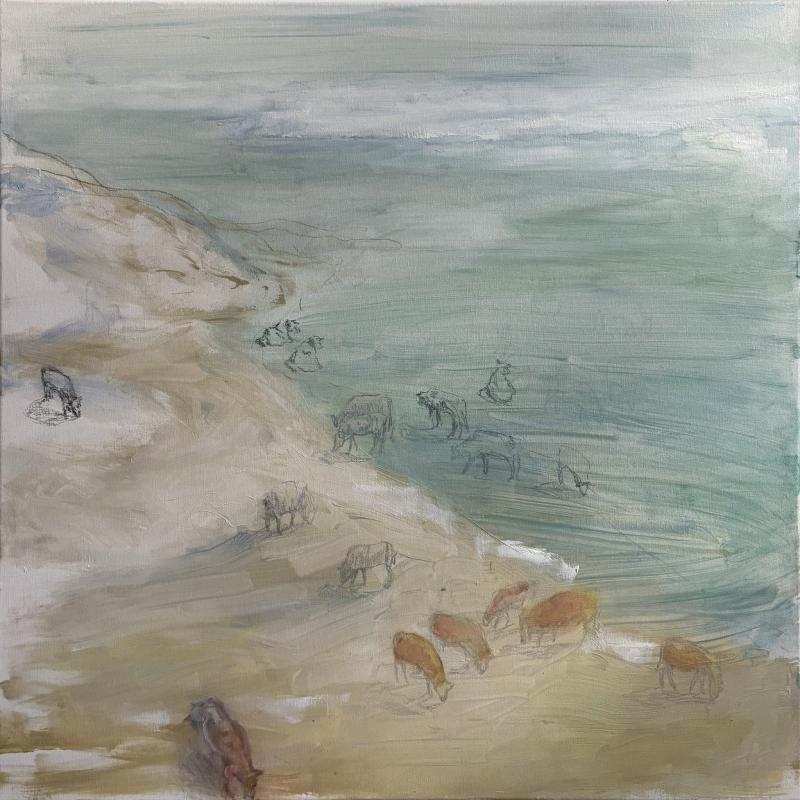 Jaana Valtari, Cows and the Sea, öljy kankaalle, 100 x 100, 2024-2025